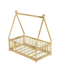 Clihome Twin Tent-shaped Floor Bed,Teepee Bed with Guardrails,Slats and Door