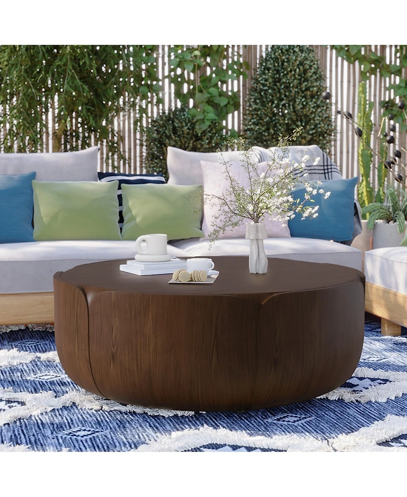 Clihome Outdoor Indoor Coffee Table, Modern Wood Grain Drum Center Table,Backyard, Living Room