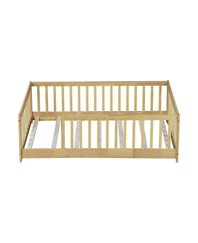 Clihome Twin Size Floor Bed with Fence without Door, Rubber Wood Floor Bed with Safety Guardrails