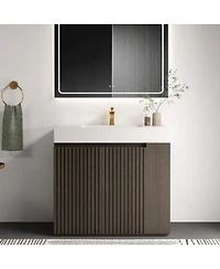 Sillysis Modern Bathroom Vanity with Quartz Sink, Soft-Close Doors, Open Shelf Storage, Winston Walnut Mid-Century Fluted Cabinet