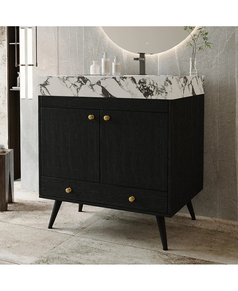Sillysis 30" Freestanding Bathroom Vanity with Walnut Faux Marble Top, Ceramic Sink, Soft Close Storage for Small Bathrooms