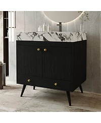 Sillysis 30" Freestanding Bathroom Vanity with Walnut Faux Marble Top, Ceramic Sink, Soft Close Storage for Small Bathrooms