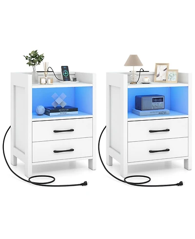 Gymax 2PCS 23.5'' Nightstand w/Led Lights and Charging Station Usb Port and Outlets