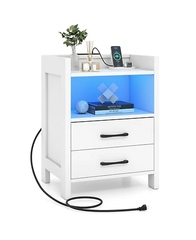 Gymax Nightstand w/ Led Lights and Charging Station 23.5'' Smart Bedside Table w/ Drawer and Open Storage Shelf