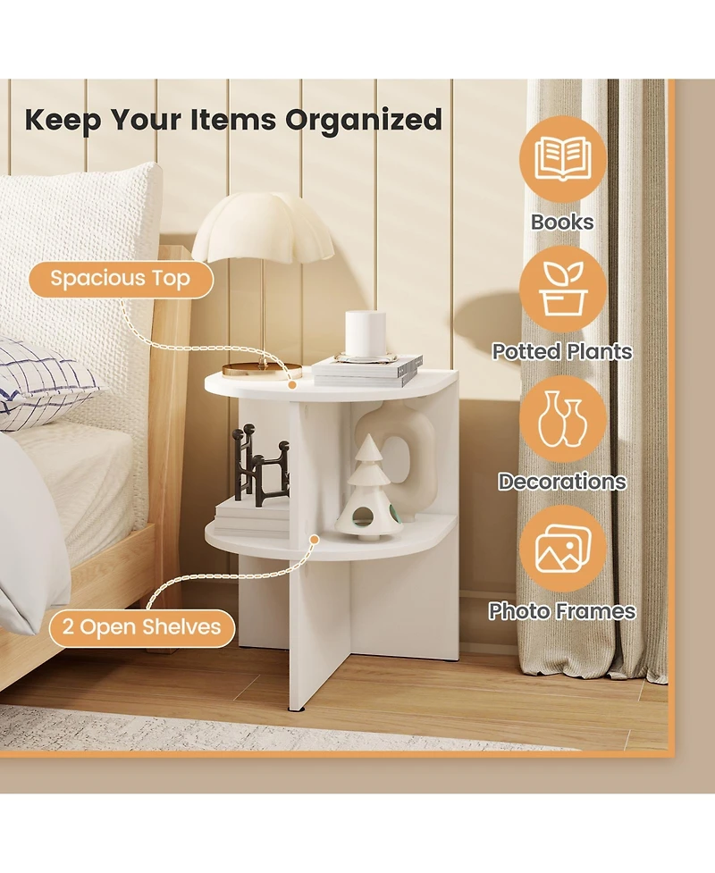 Gymax Half Round Side Table 2-tier Wooden Nightstand with Open Storage Shelves