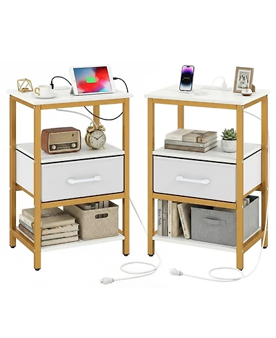 Gymax Nightstand w/Charging Station Set of 2 w/Fabric Drawer and Open Storage Shelves