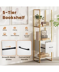 Gouun 5-Tier Narrow Bookcase with Storage Drawer and Metal Frame