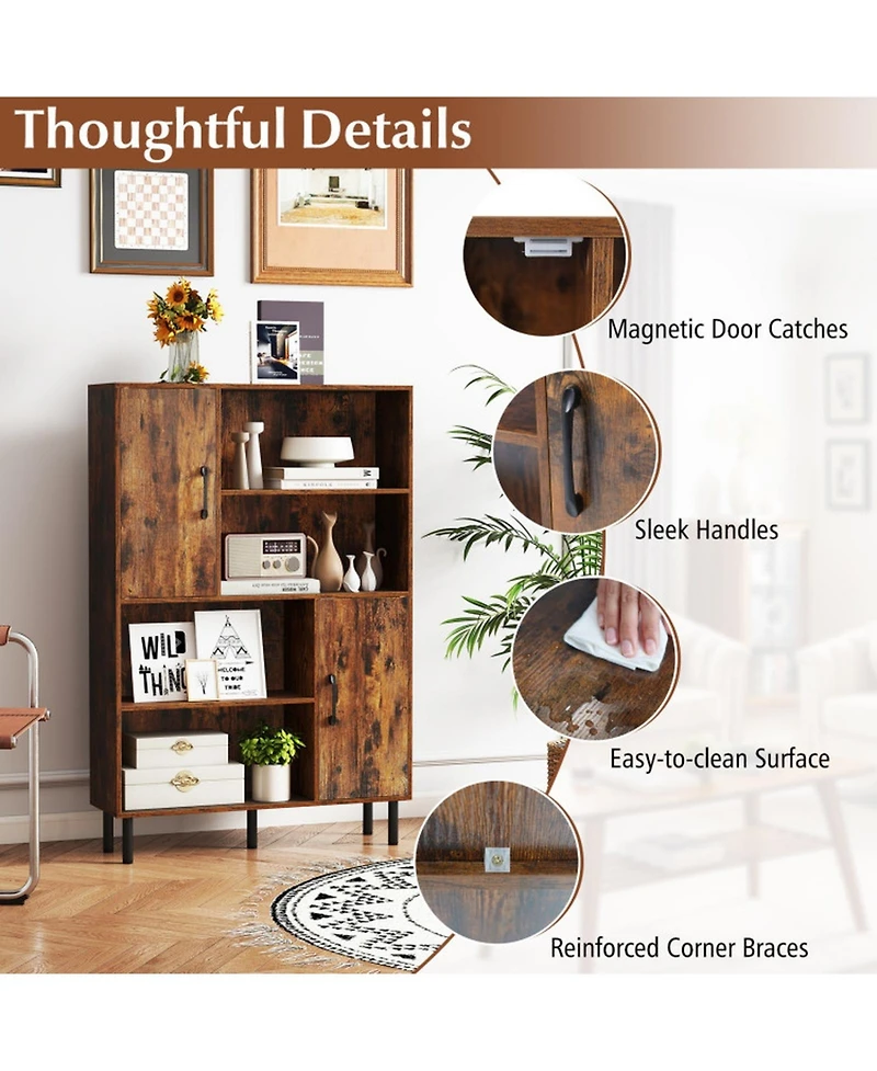Gouun 47-Inch Storage Cabinet Bookcase with 2 Doors and Open Shelves