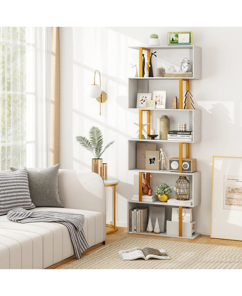 Gouun 6-Tier Geometric S-Shaped Bookcase with Metal Frame