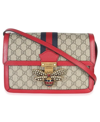 Pre-Owned Gucci Red Calfskin Gg Supreme Canvas Medium Margaret Shoulder Bag