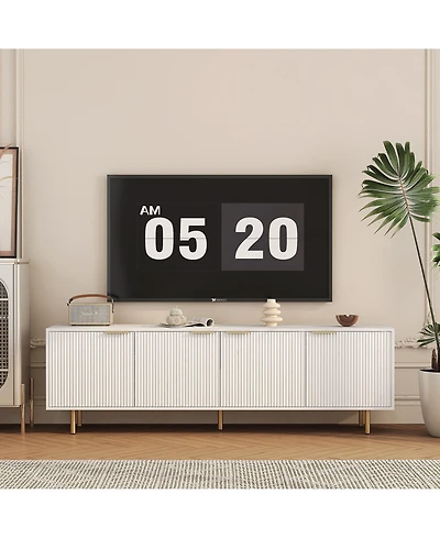 Rainsken Modern Fluted Tv Cabinet for 55+ Inch Tv, Media Console Entertainment Center with 4 Storage Cabinets and Metal Handles for Living Room