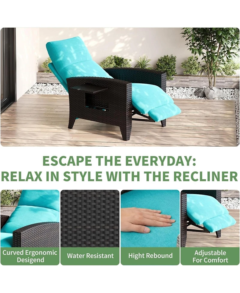 gaomon Outdoor Wicker Recliner with Adjustable Backrest and Footrest, Flip-Up Table