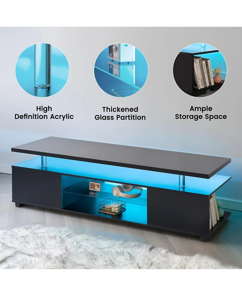 Rainsken Led Tv Stand with Ambient Lighting for 60" TVs, Modern Media Console with Large Side Storage Cabinet and Open Display Shelf for Living R