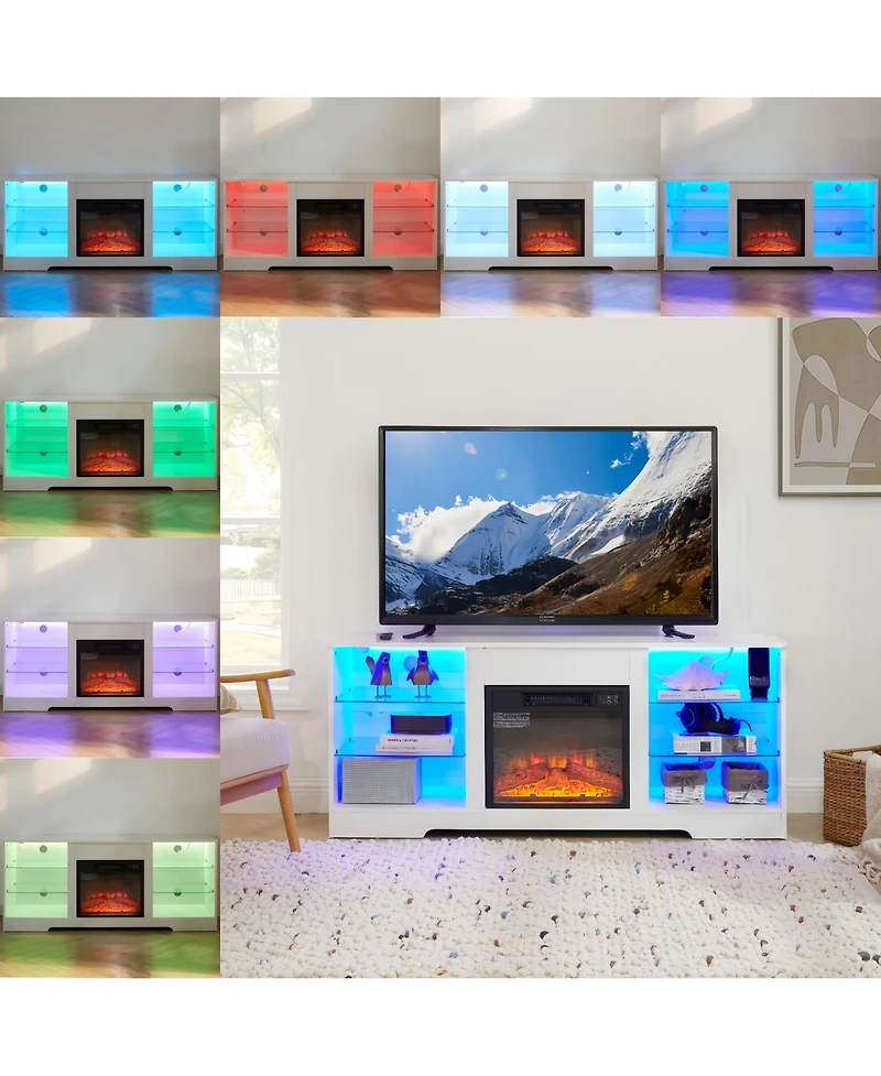 Rainsken Electric Fireplace Tv Stand, 58" Led Entertainment Center for Tv up to 32-62", Media Console with Usb Charging Outlet for Living Ro