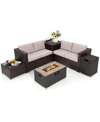 Gymax 6 Piece Patio Sofa and Fire Table Set Outdoor Rattan Sectional Sofa Set w/ Storage Box