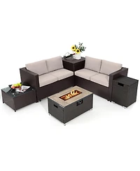 Gymax 6 Piece Patio Sofa and Fire Table Set Outdoor Rattan Sectional Sofa Set w/ Storage Box