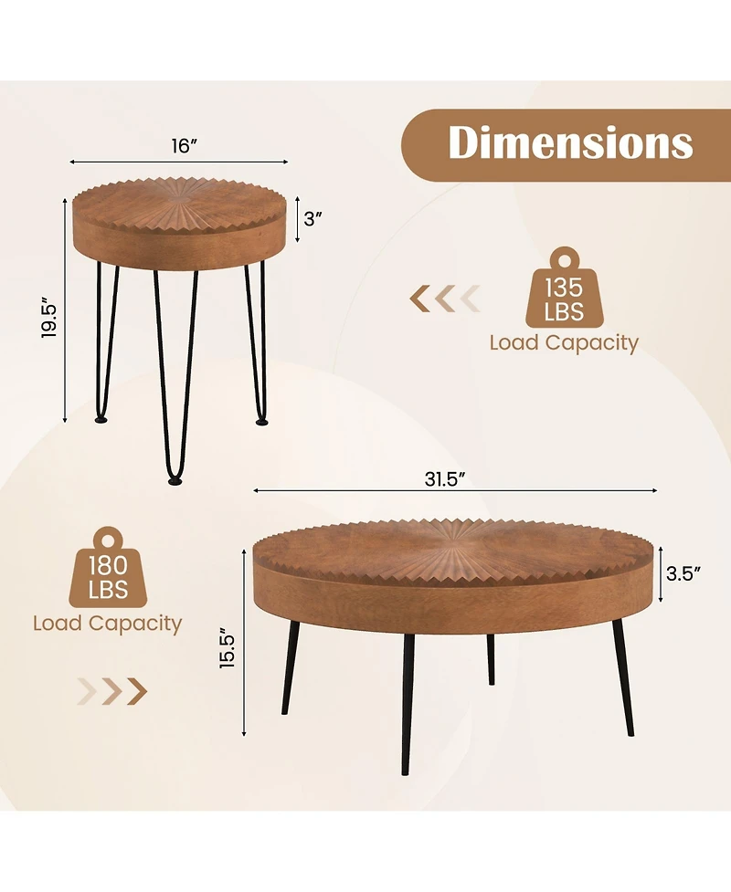 Slickblue Set of 2 Round Tables with Pine Wood Top and Metal Legs
