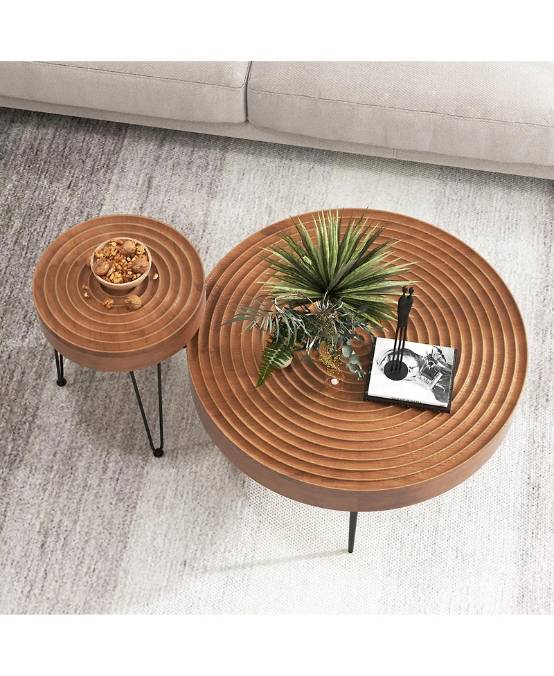 Slickblue Set of 2 Solid Wood Farmhouse Round Coffee Tables Ring Design