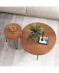 Slickblue Set of 2 Solid Wood Farmhouse Round Coffee Tables Ring Design