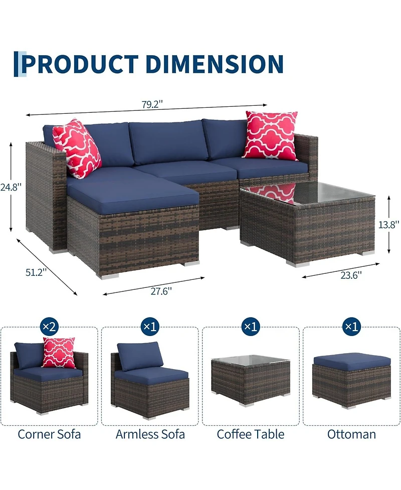 gaomon 5-Piece All-Weather Wicker Patio Sectional Sofa Set with Ottoman and Glass Table