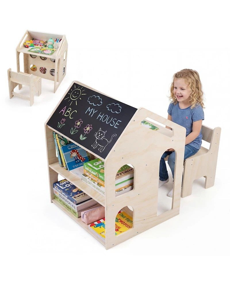 Slickblue Kids Wooden Table and Chair Set, House-Shaped Activity Design