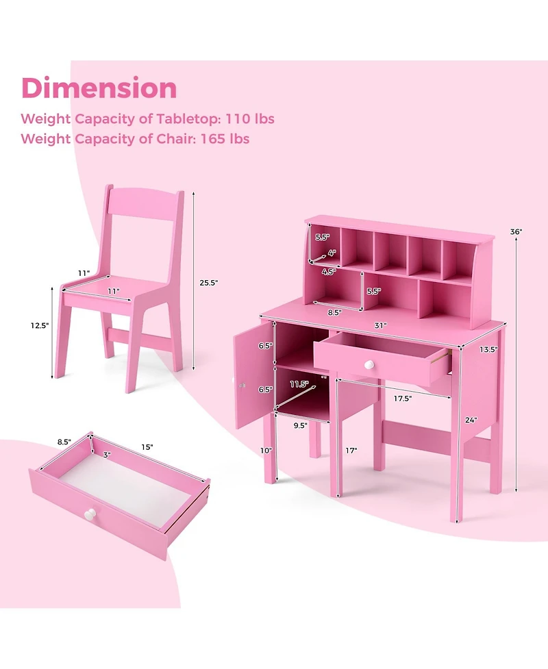 Sugift Kids Study Desk and Chair Set with Hutch and Storage Cabinet