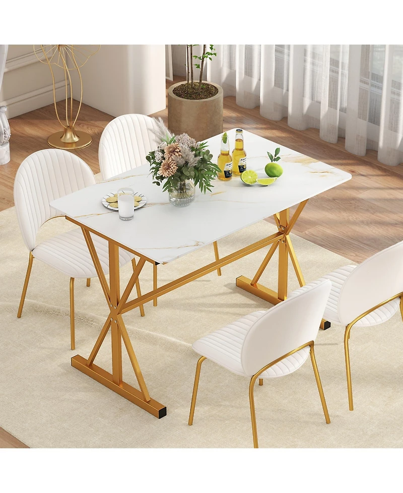 Sugift 44 Inches Sintered Stone Dining Table with Metal Frame and Faux Marble Tabletop