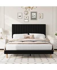 Homfan Velvet Bed Frame, Vertical Channel Tufted Headboard, Height Adjustable, Upholstered Platform Bed