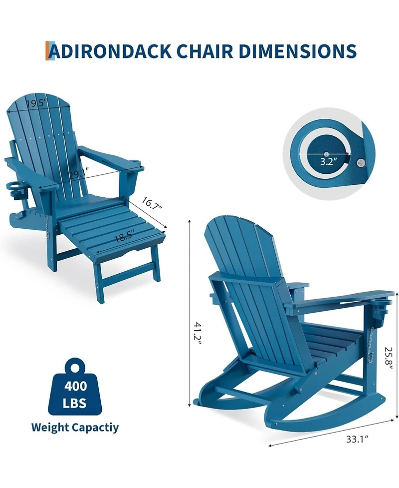 gaomon Folding Adirondack Rocking Chair with Retractable Ottoman and Cup Holders, Hdpe All-Weather Outdoor Chair for Porch