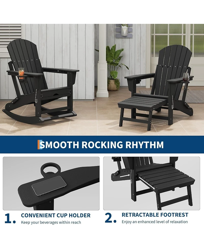 gaomon Folding Adirondack Rocking Chair with Retractable Ottoman and Cup Holders, Hdpe All-Weather Outdoor Chair for Porch