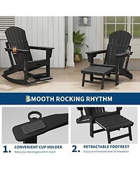gaomon Folding Adirondack Rocking Chair with Retractable Ottoman and Cup Holders, Hdpe All-Weather Outdoor Chair for Porch