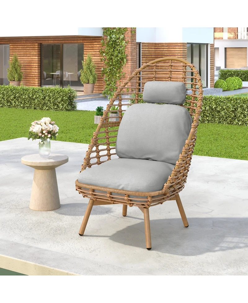 sumyeg Outdoor Wicker High-back Swivel Lounge Chair with Teak Finished Leg, Faux Rattan and Cushion
