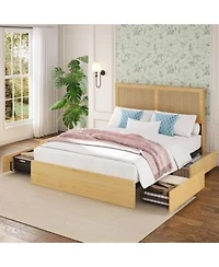 Homfan Bed Frame With Rattan Headboard Platform Bed Frame With Led Lights Under Bed Storage