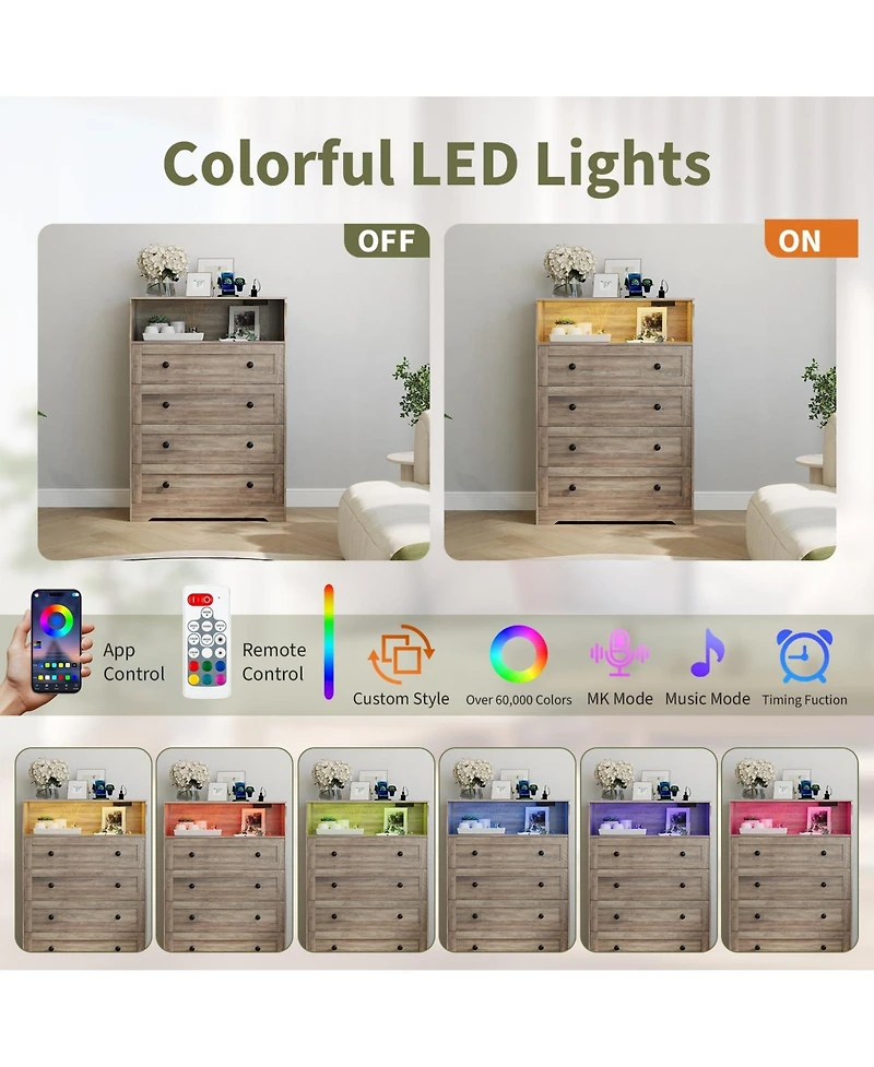 gaomon Tall Dresser for Bedroom with Led Lights and Charging Station, 4 Drawers Wood Chest of Drawers for Closet, Living Room