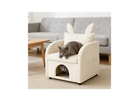 Zeus & Ruta Dark Bunny-Ear Cat Armchair Scratch-Resistant Fabric Built-in Hideaway Dual-Use Sofa with Side Pocket