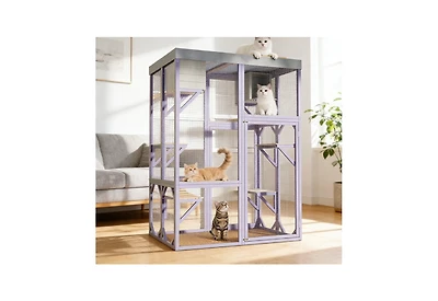 Zeus & Ruta Outdoor Wooden Cat Enclosure 4 Tier Platforms 2 Napping Houses 2 Locks Rounded Corners Play Rest Area