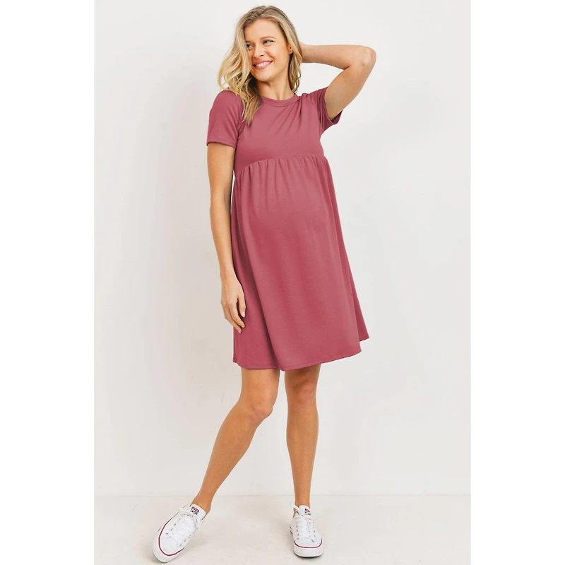 Hello Miz Maternity Crew Neck Empire Waist Mini T-Shirt Dress with Pockets