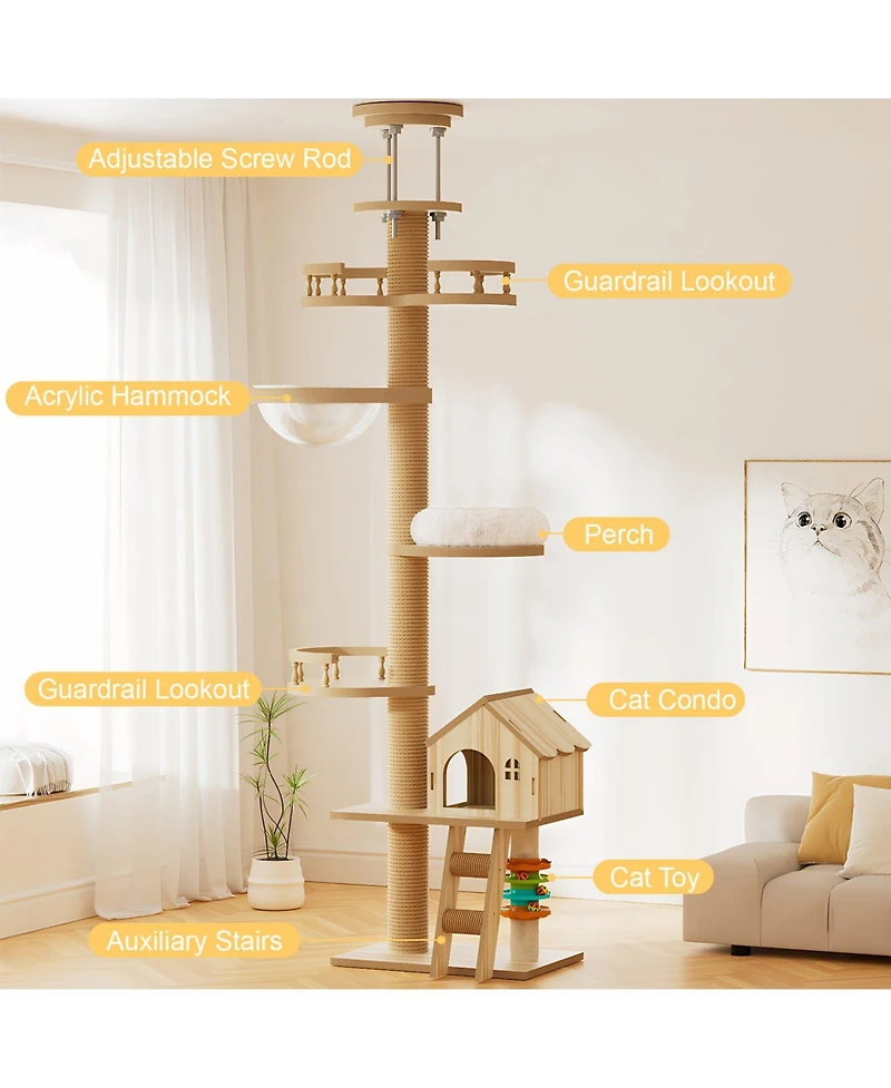 Zeus & Ruta Floor to Ceiling Cat Tree Adjustable Height Wood Tower with Scratching Post Condo Cave Bed Hammock