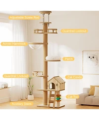 Zeus & Ruta Floor to Ceiling Cat Tree Adjustable Height Wood Tower with Scratching Post Condo Cave Bed Hammock