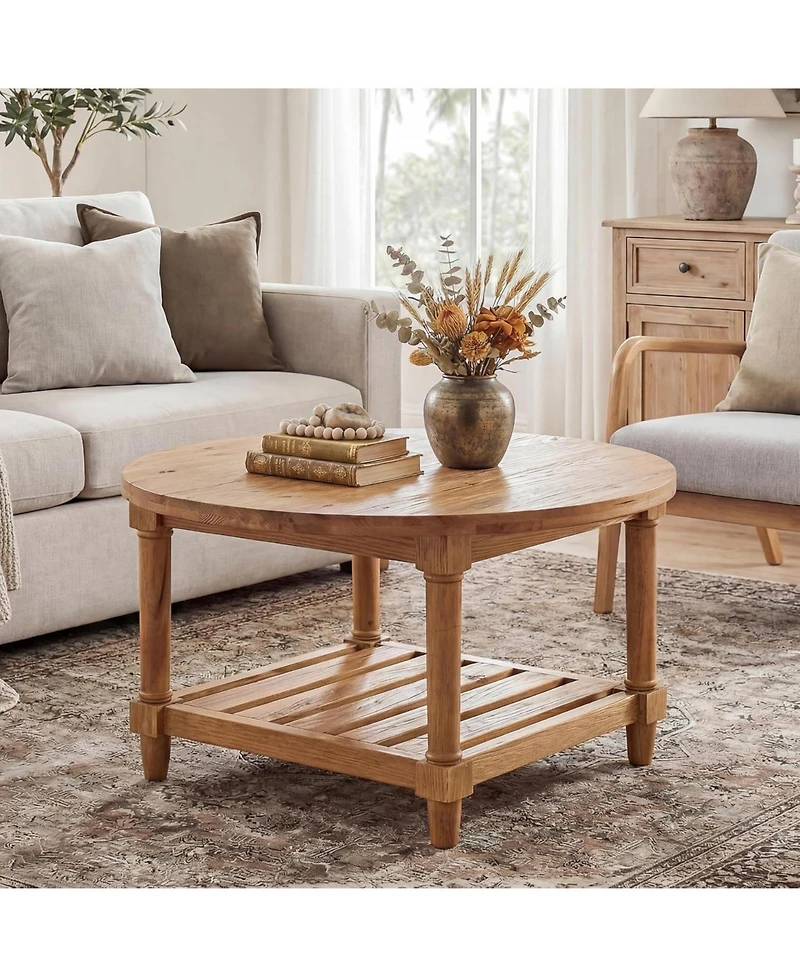 Tribesigns Round Coffee Table, 31.5" Farmhouse Solid Wood Center Table with Storage, 2-Tier Circle Accent Table
