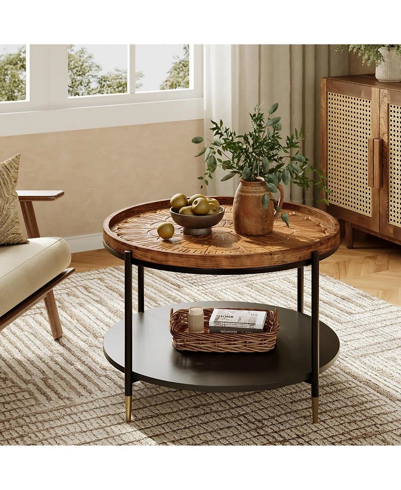 Tribesigns Solid Wood Round Coffee Table, 31.5-Inch Boho Center Tea Table with Metal Storage Frame and Carved Floral Pattern
