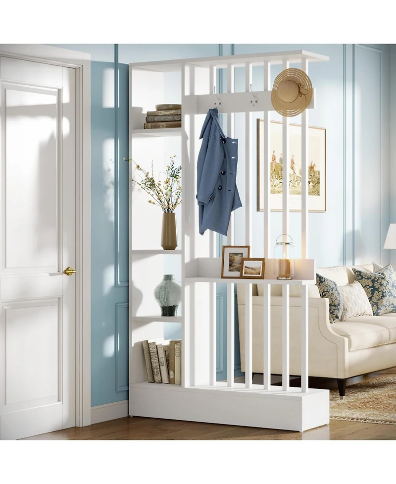 Tribesigns 71" Wall Room Divider with Shelves and Coat Hooks, Wood Freestanding Room Divider Bookcase for Home and Office Decorative