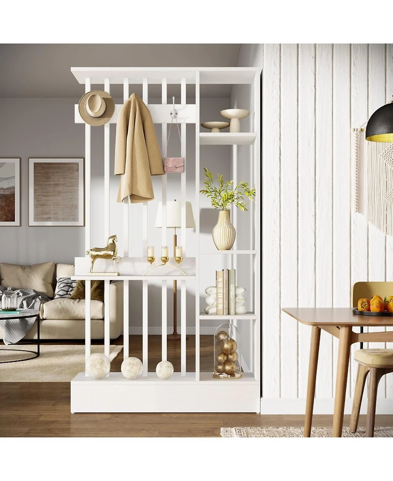 Tribesigns 71" Wall Room Divider with Shelves and Coat Hooks, Wood Freestanding Room Divider Bookcase for Home and Office Decorative