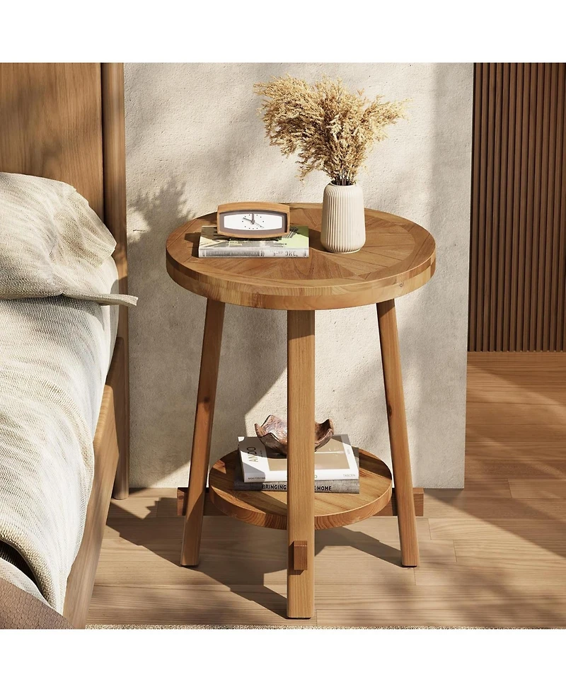 Tribesigns Solid Wood Side Table for Living Room, Small Round End Table with 2-Tier Storage, Farmhouse Wooden Circle Bedside Nightstand