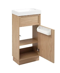 15.75 Inch Bathroom Vanity with Reversible Resin Sink Mdf Cabinet Adjustable Shelf Push to Open Door Wood Grain Melamine Finish Rustic Small Space