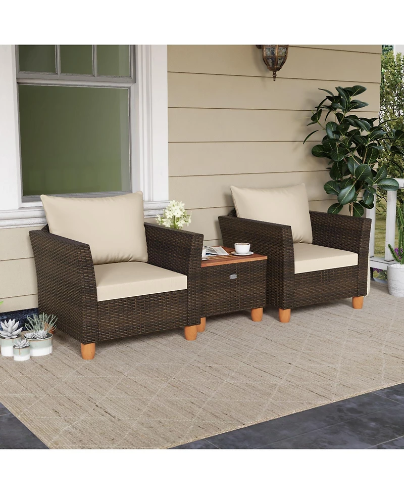 Sugift 3 Piece Patio Wicker Furniture Set with Cushions and Wood Table