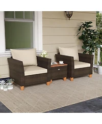 Sugift 3 Piece Patio Wicker Furniture Set with Cushions and Wood Table