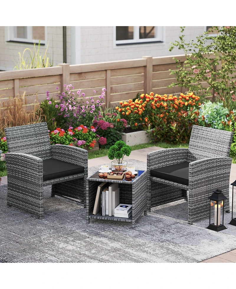 Sugift 3 Piece Patio Furniture Set with Cushions and Glass Coffee Table