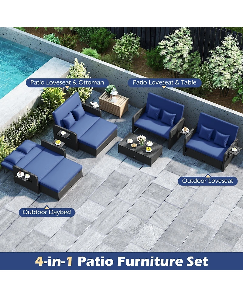 Sugift Pe Wicker Outdoor Daybed with Adjustable Backrest and Ottoman