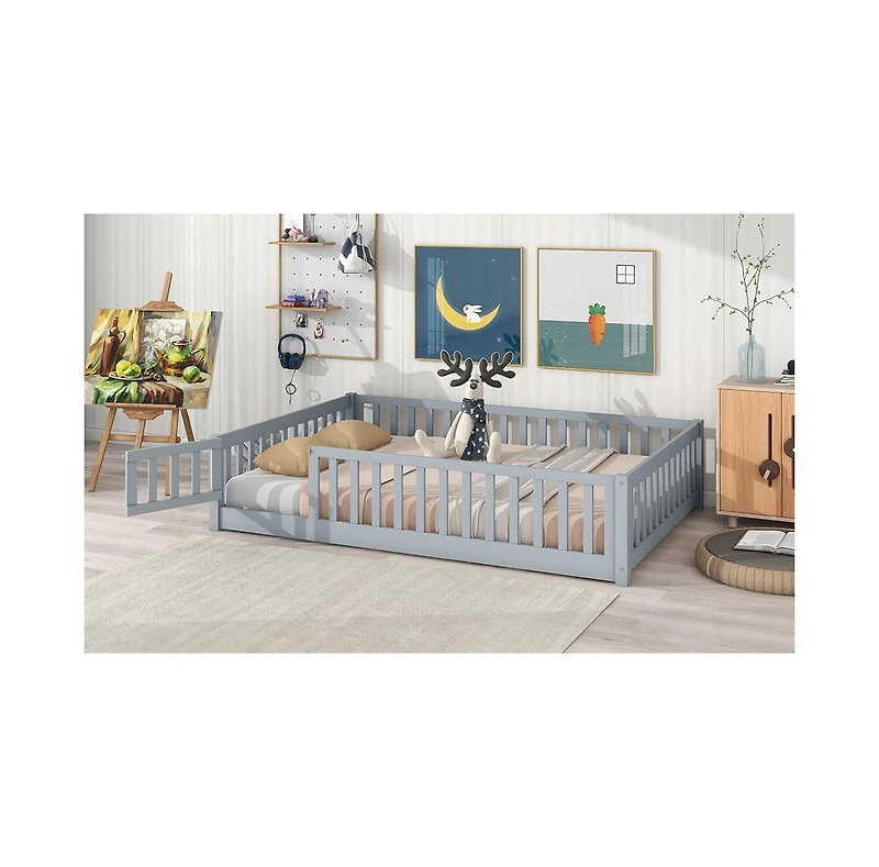 Jujabu Full Rubber Wood Floor Bed with Fence Door and Safety Guardrails